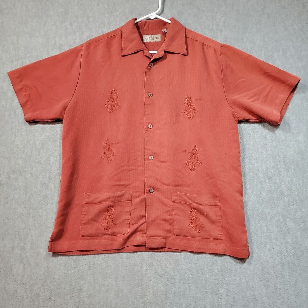 Cubavera Shirt Men Medium Burnt Orange Hula Aloha Dancer Hawaiim Button Down Vtg